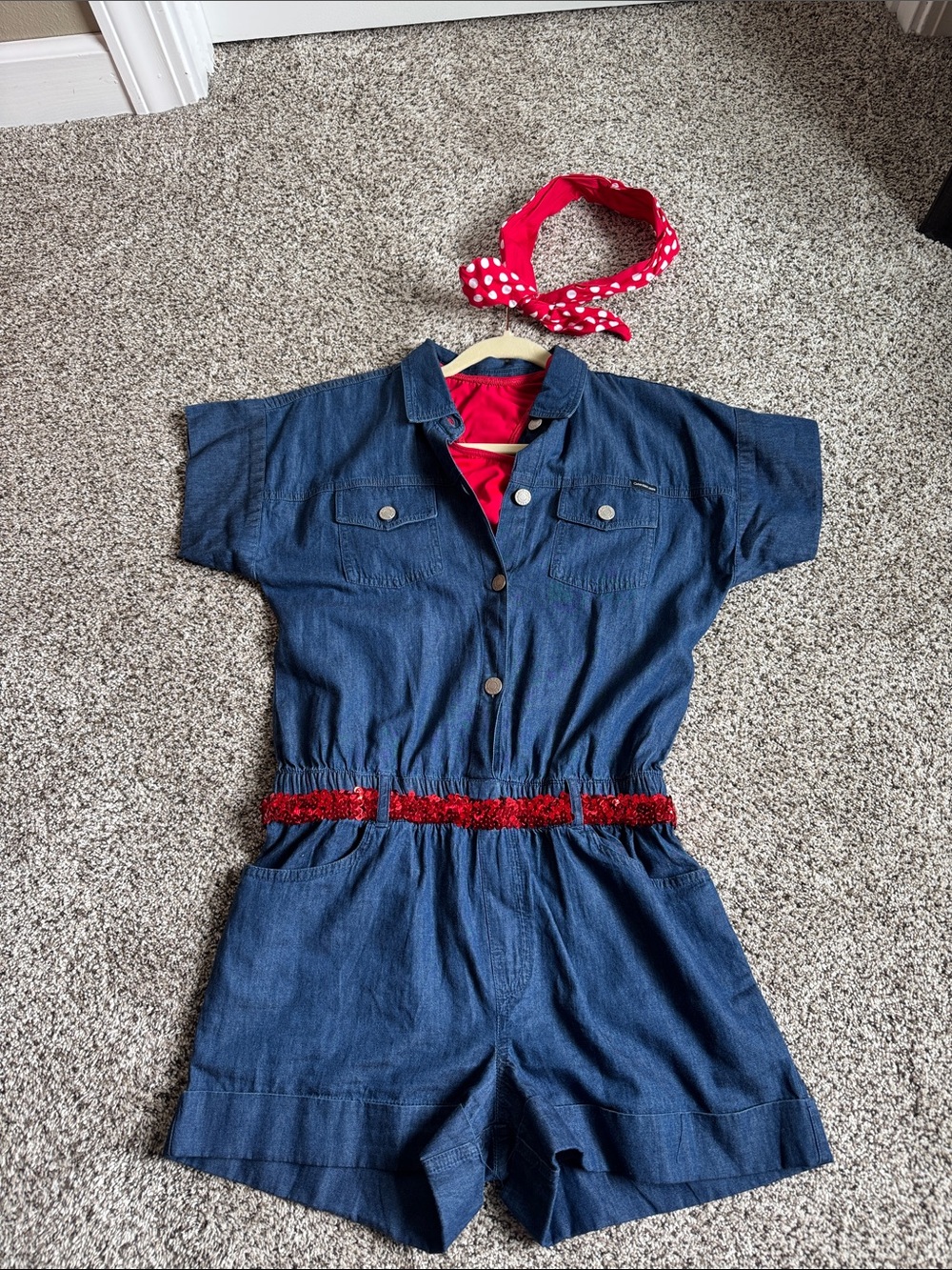 Rosie the Riveter costume used for dance fits like a child XL or adult small